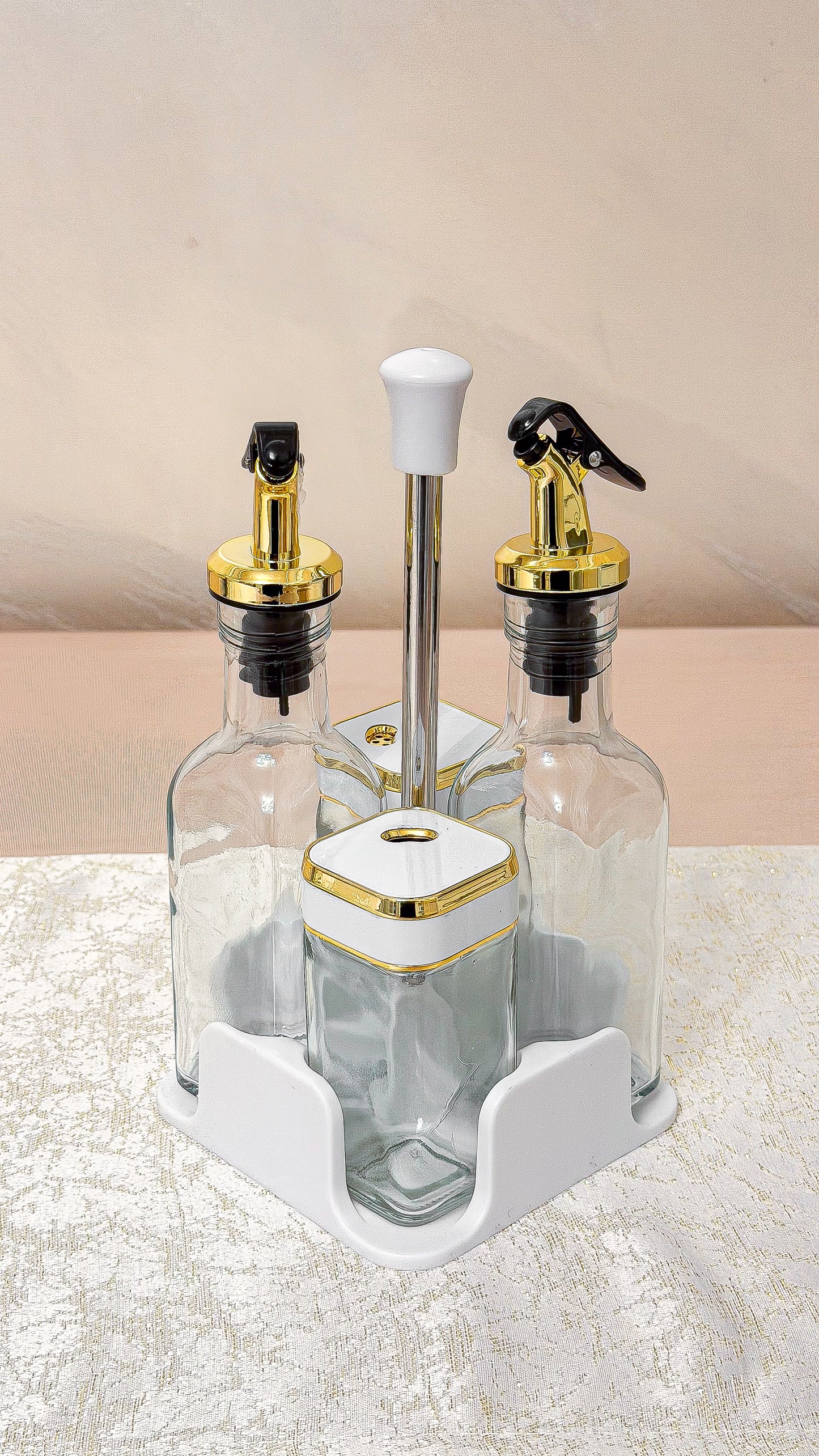 Oliviera Eleganta Recipiente Lichide+Condimente Marmurat/Alb