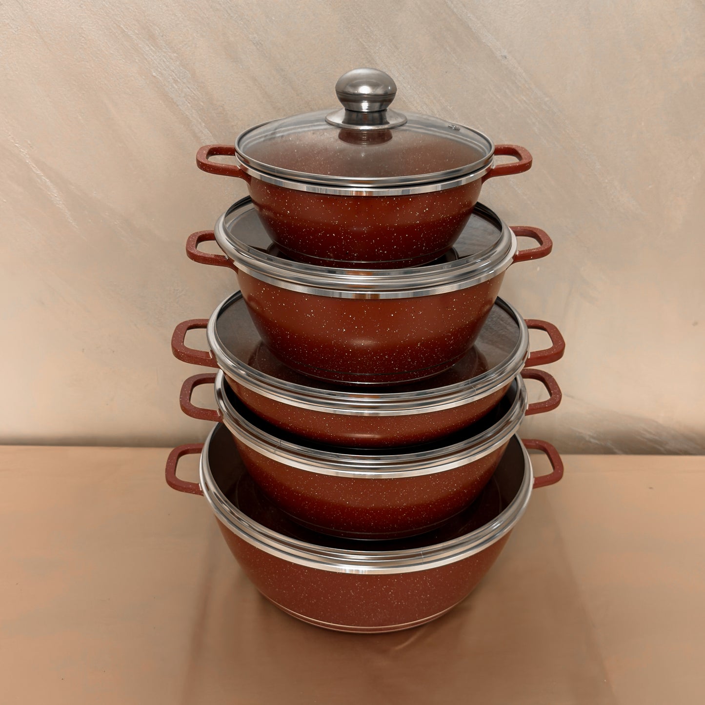 Set vase gătit 10 piese, granit antiaderent, capace sticlă, 20–32 cm