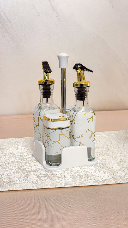 Oliviera Eleganta Recipiente Lichide+Condimente Marmurat/Alb