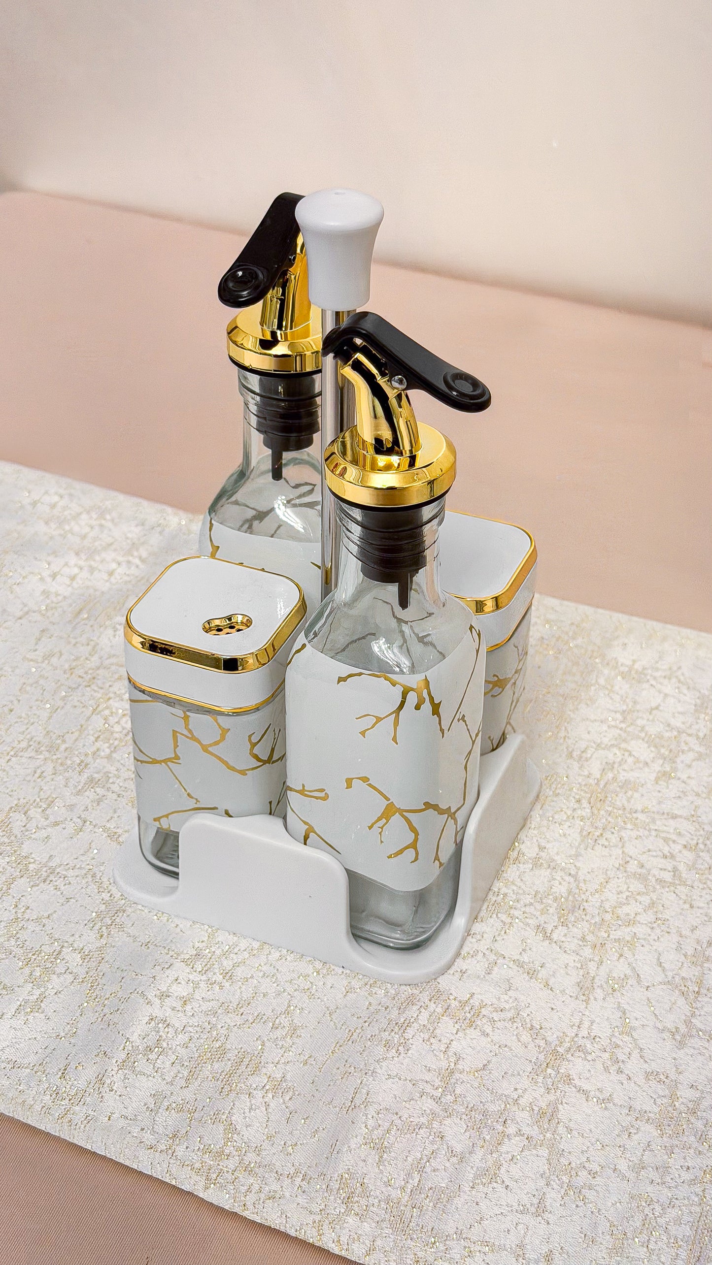 Oliviera Eleganta Recipiente Lichide+Condimente Marmurat/Alb