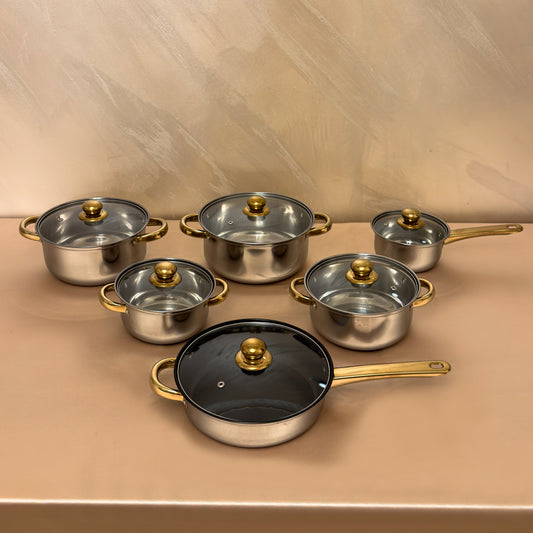 Set vase de gătit premium din inox – 12 piese, capace din sticlă