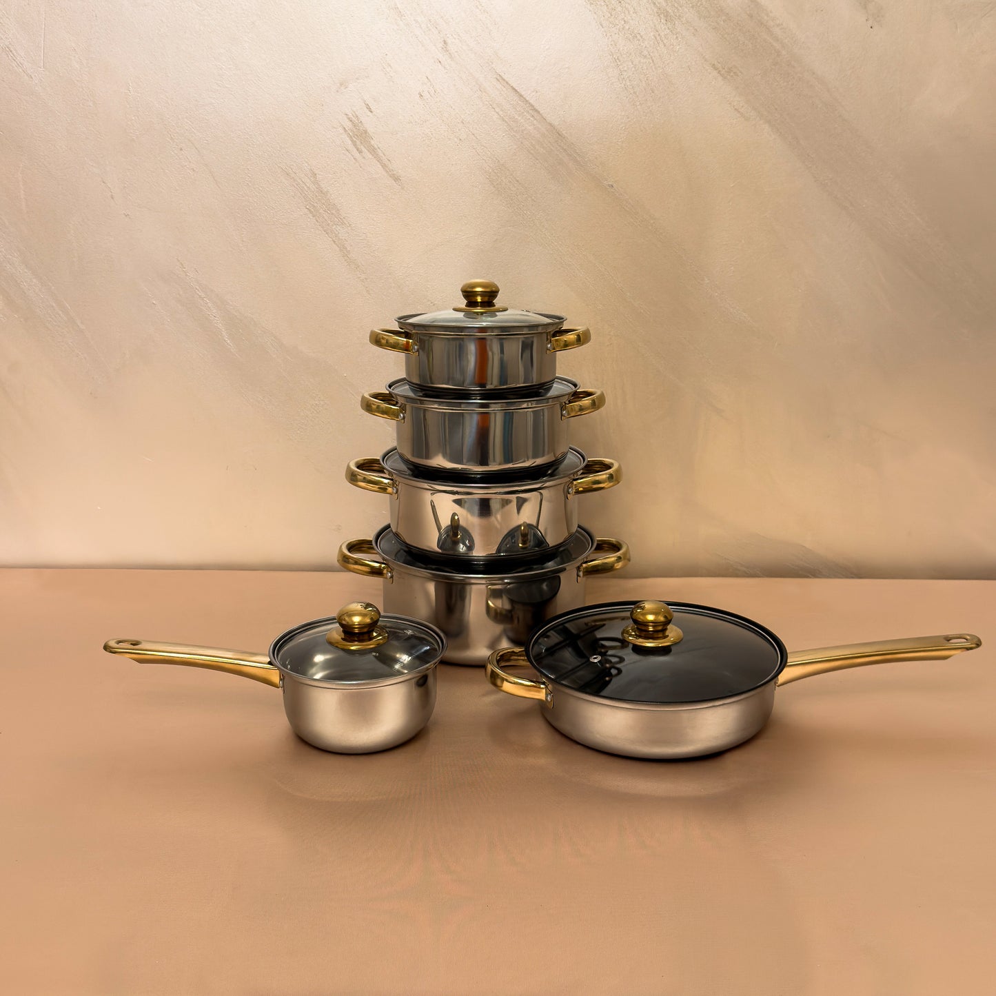 Set vase de gătit premium din inox – 12 piese, capace din sticlă