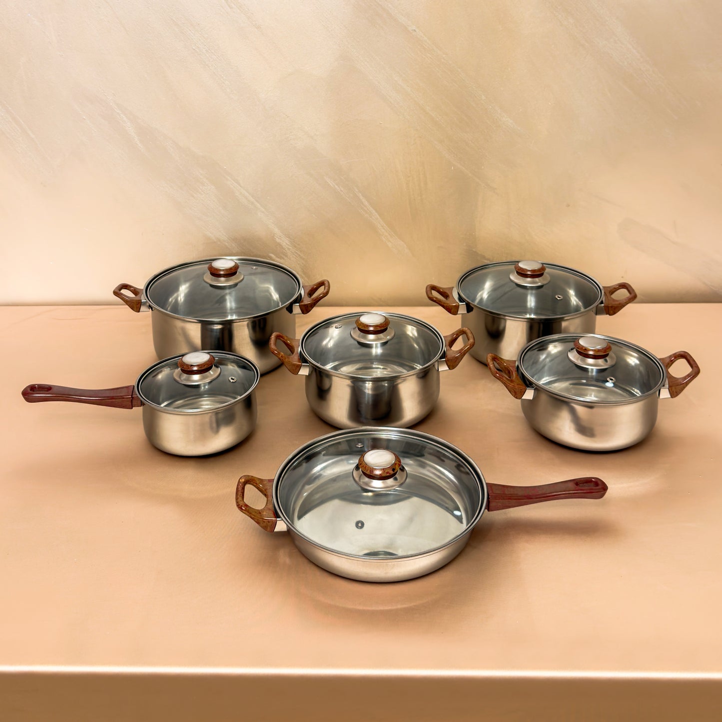 Set vase de gătit premium din inox – 12 piese, capace din sticlă