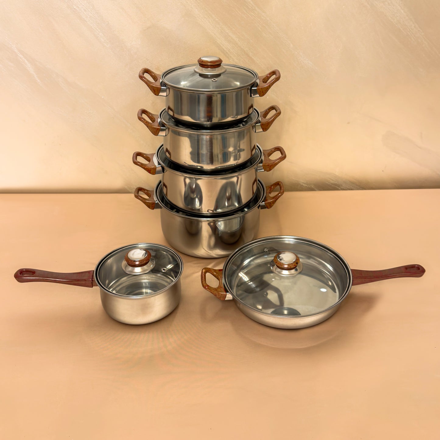 Set vase de gătit premium din inox – 12 piese, capace din sticlă