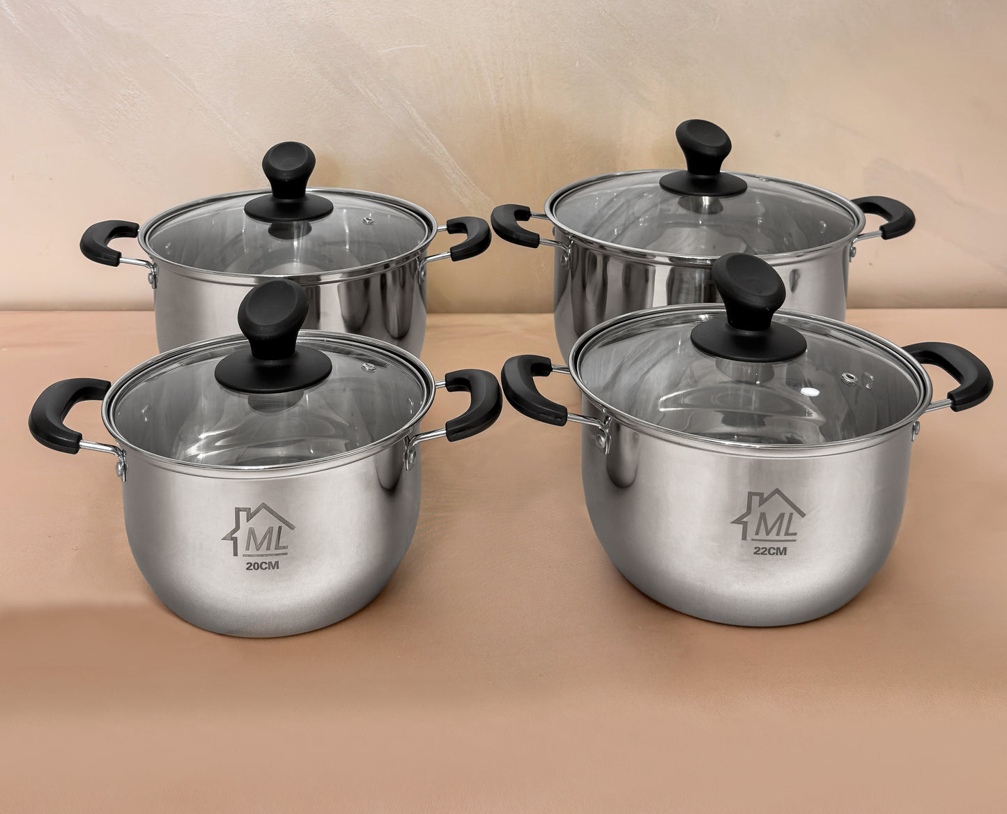 Set oale premium din inox cu capace din sticlă 8 piese mânere duble