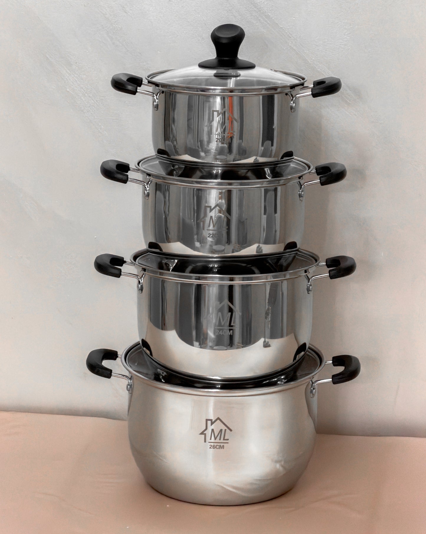 Set oale premium din inox cu capace din sticlă 8 piese mânere duble