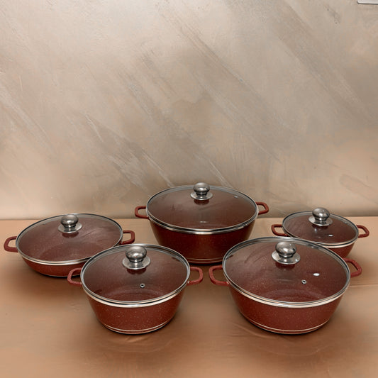 Set vase gătit 10 piese, granit antiaderent, capace sticlă, 20–32 cm