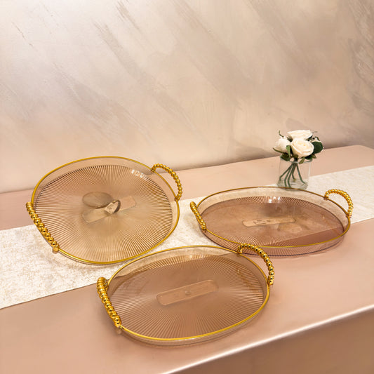 Set 3 tăvi decorative din Plexiglas cu mânere aurii ROUND