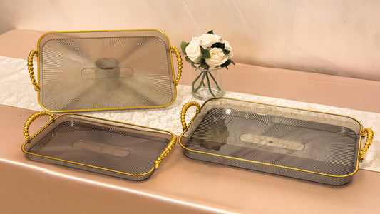 Set 3 tăvi decorative din Plexiglas cu mânere aurii SQUARE