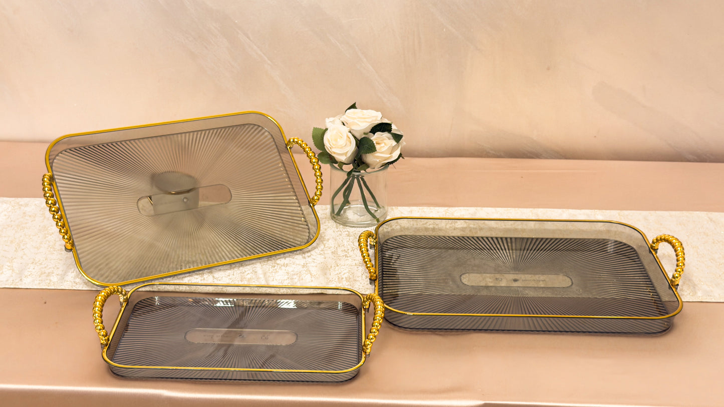 Set 3 tăvi decorative din Plexiglas cu mânere aurii SQUARE